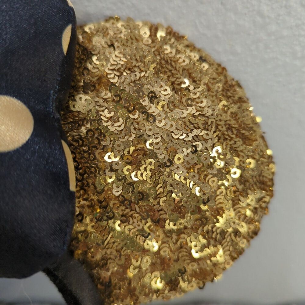 Disney Parks Minnie‎ Mouse Gold Sequin Ear Headband Black & Gold Polka Dot Bow - Picture 2 of 5